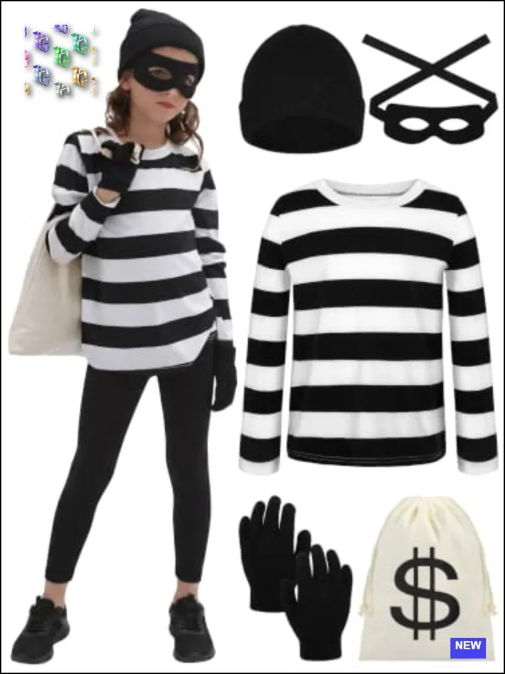Kids Robber Costume Halloween Striped Tee with Bag Gloves Eye Patch Mask